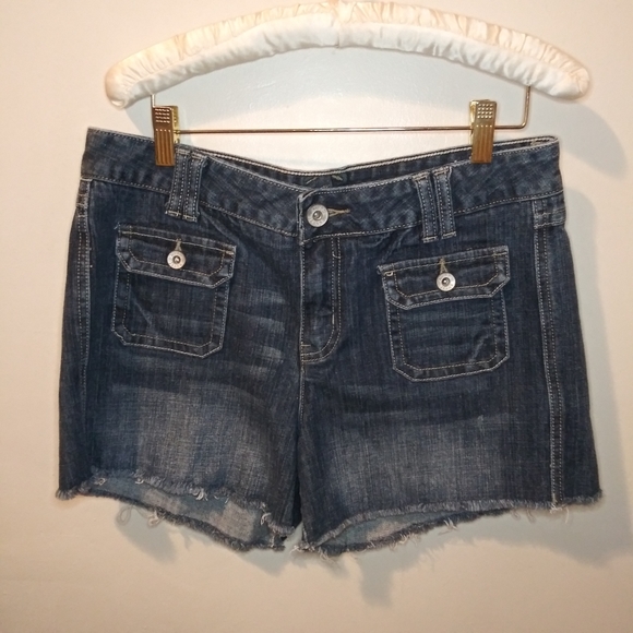 Mudd Pants - Mudd Jeans Distressed Medium Wash, Mid Rise, Button Flap, Cut-Off Denim Shorts